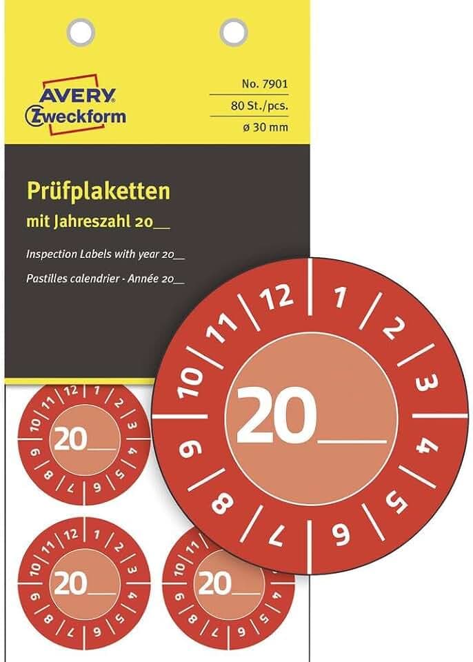 AVERY Zweckform 80 Stück Prüfplaketten 20xx (mit Jahreszahl zum selber eintragen, widerstandsfähig, stark selbstklebend, Ø30 mm, Prüfaufkleber, beschriftbare Prüfsiegel aus Vinyl-Klebefolie) 7901 rot