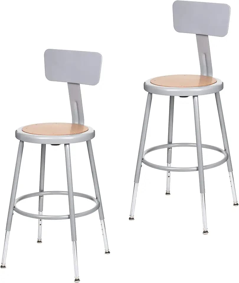 OEF Furnishings OEF6218HB/2 Preassembled Height-Adjustable Commercial Steel Round Stool with Backrest and Masonite Wood Seat (19–27 inch Range, Gray Frame, 2-Pack)