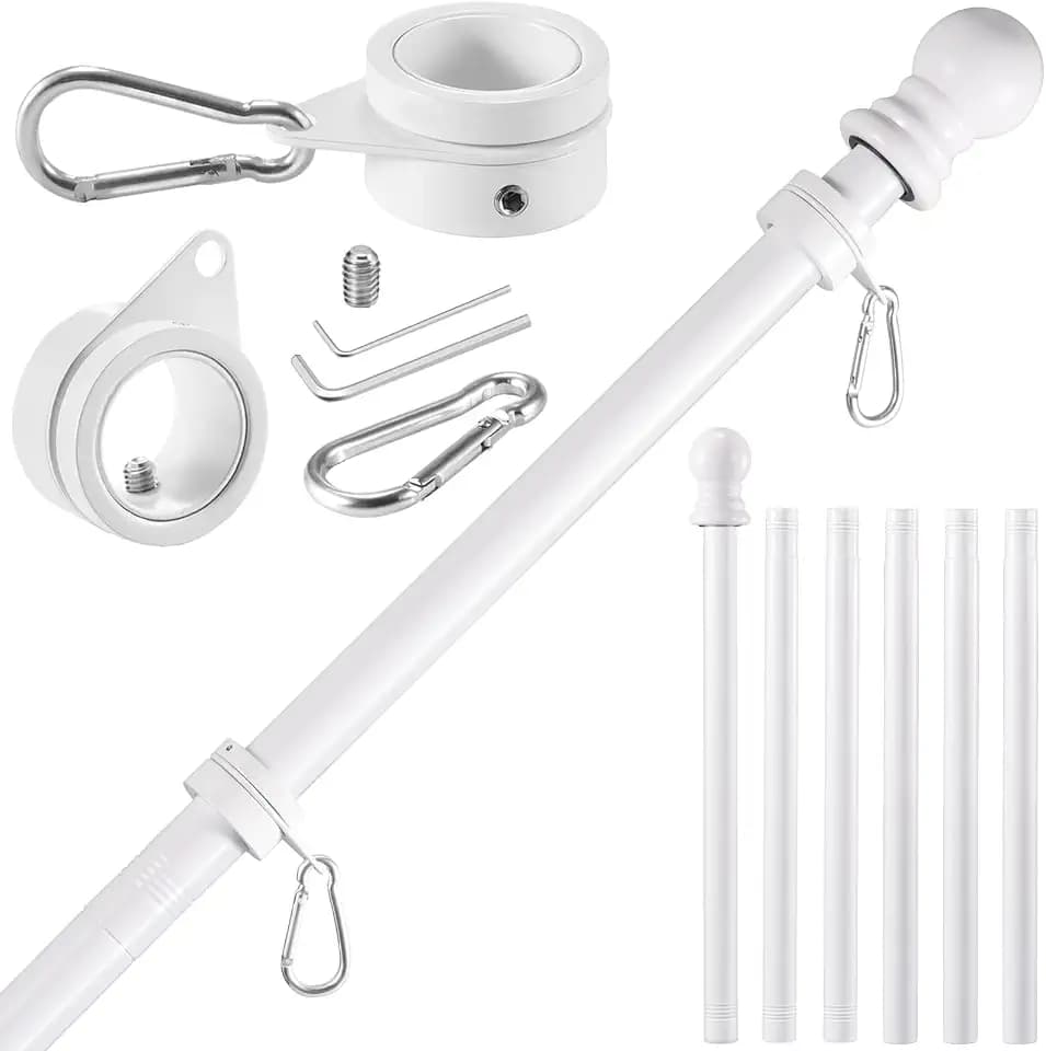 BONWIN White Flag Pole Kit for Outside House, 7 FT Thickened Stainless Steel Wall Mount Flag Pole for 3x5'/ 4x6' American Flag, 1" Anti-Wrap Spinning Flagpole Rings Hardware Kits for Porch Yard