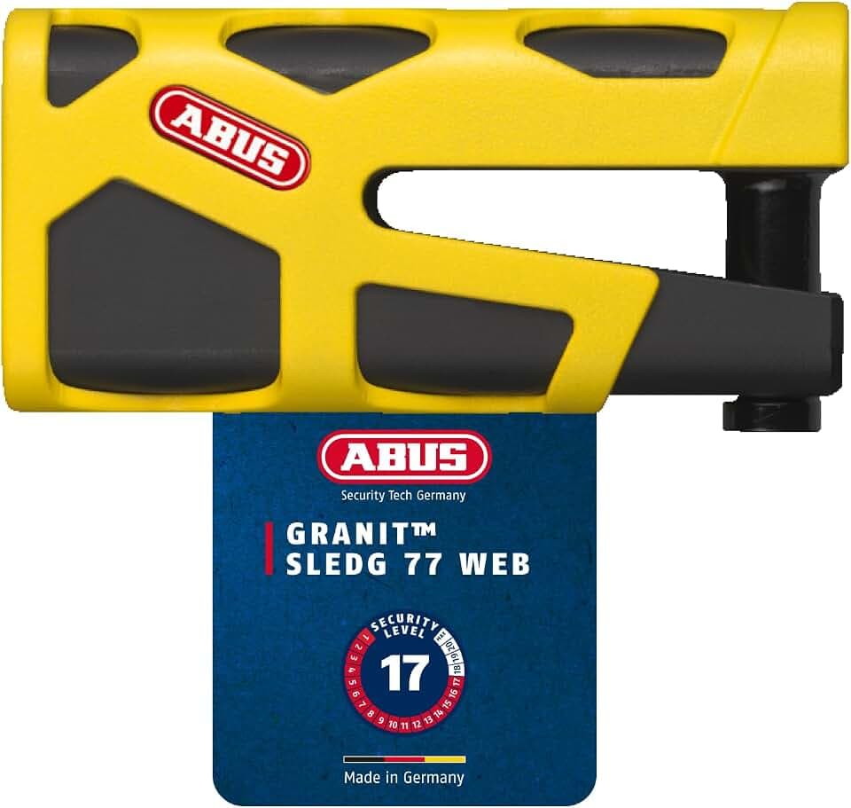 ABUS Bremsscheibenschloss Granit Sledg 77 yellow - Motorradschloss mit sicherem XPlus Zylinder und Erinnerungskabel - ABUS Sicherheitslevel 17 - Gelb