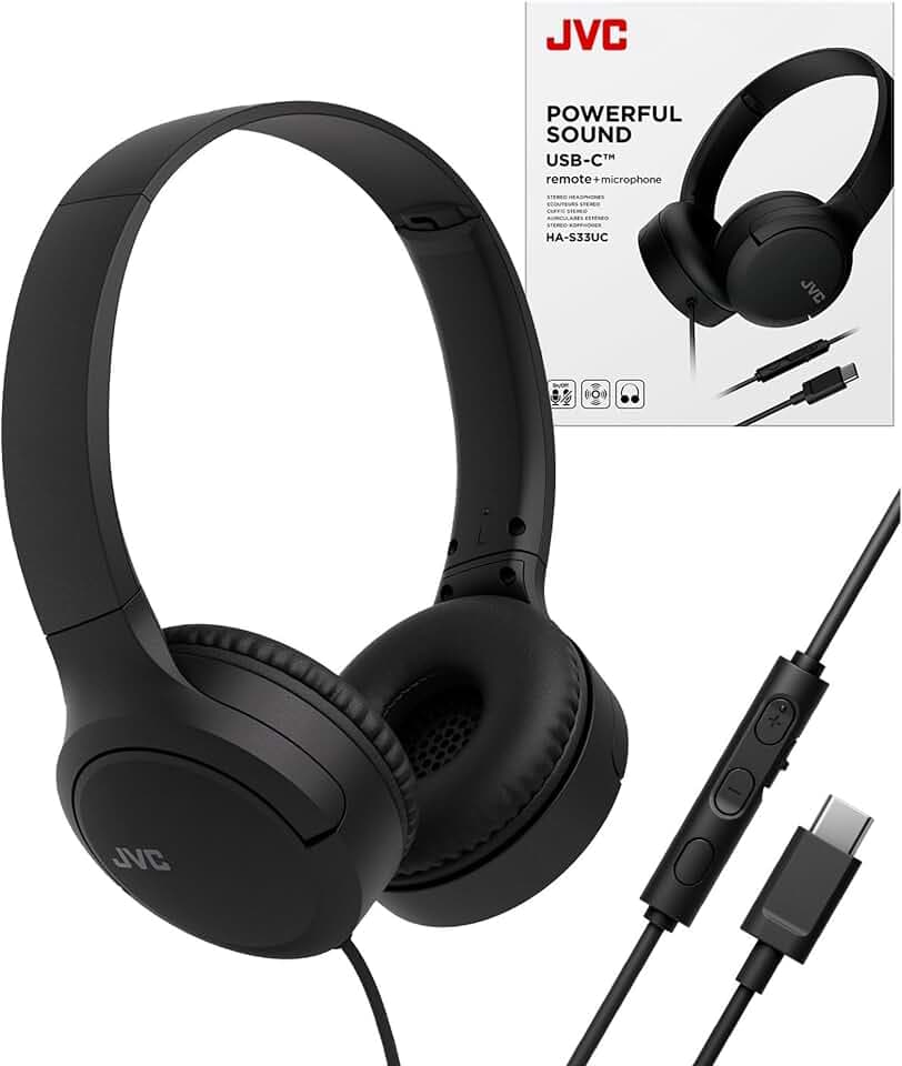 JVC USB-C Wired On-Ear Kopfhörer mit Mikrofon - Komfortables Tragen den ganzen Tag, klare Anrufe, satter Klang - faltbar & leicht - verwicklungsfreies einseitiges Kabel - ideal für Gaming & Arbeit von