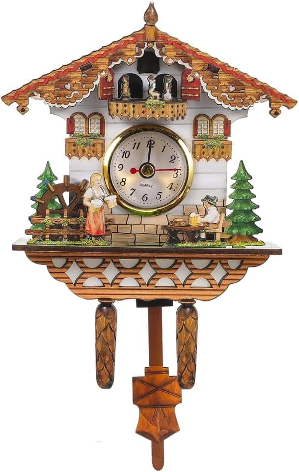 Cabilock Traditional Cuckoo Clock with Swinging Pendulum - Vintage Wooden Birdhouse Wall Clock with Chime Alarm and Bird Sound for Living Room, Bedroom, Office Decor (Battery Operated)