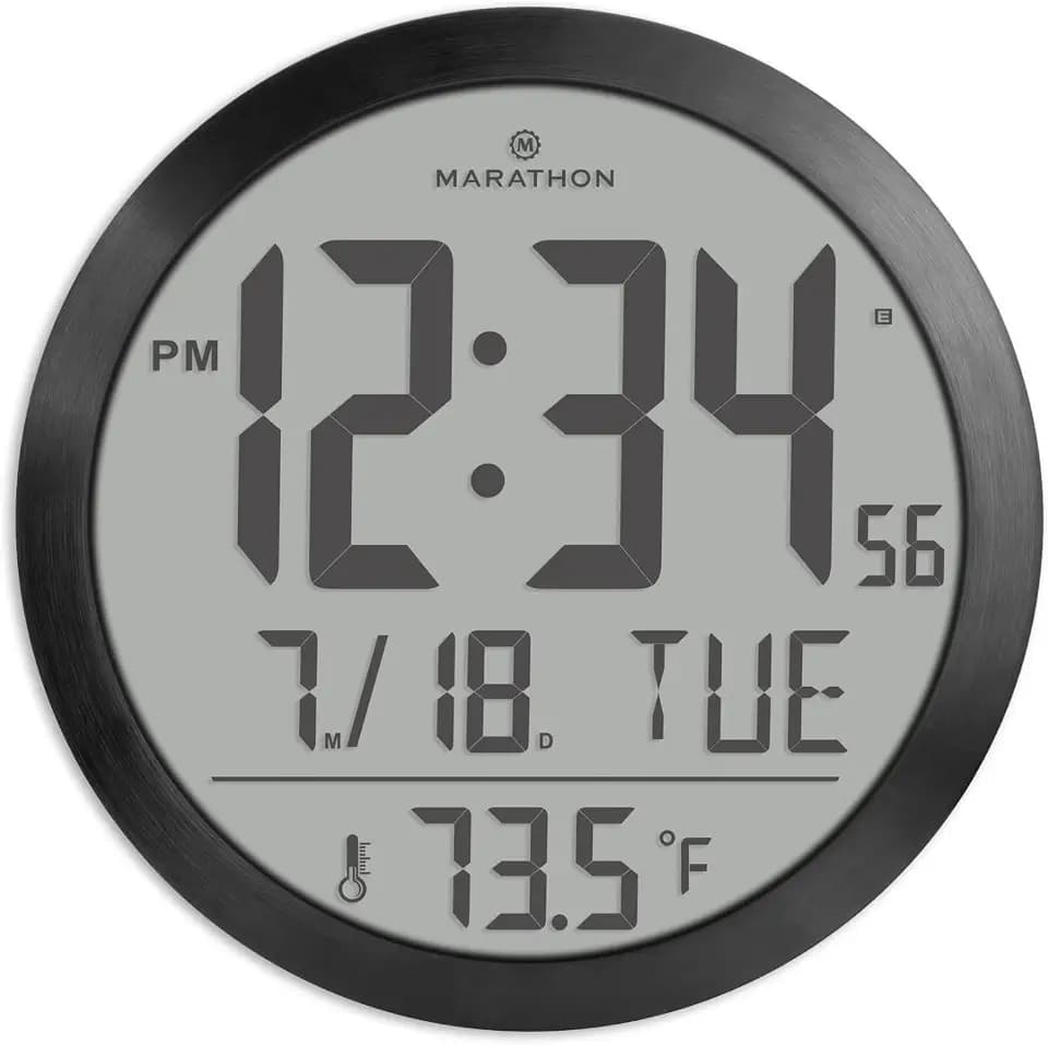 MARATHON 15-Inch Modern Round Digital Wall Clock - Black