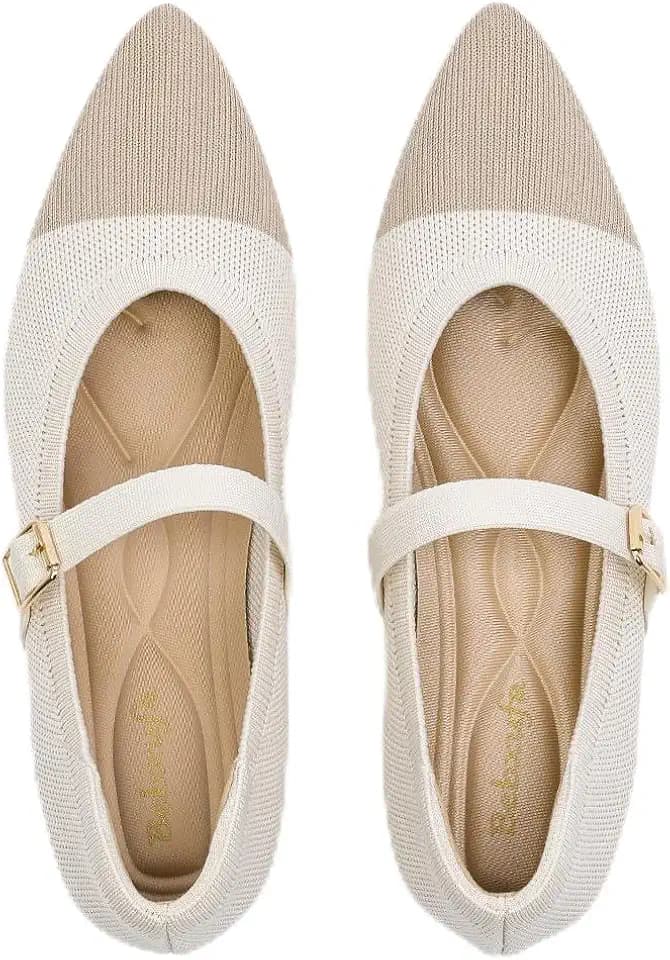 Women's Pointed Toe Knit Mary Jane Ballet Flats for Office Casual Wear Stretchy Dressy Slip-On Shoes with Arch Support