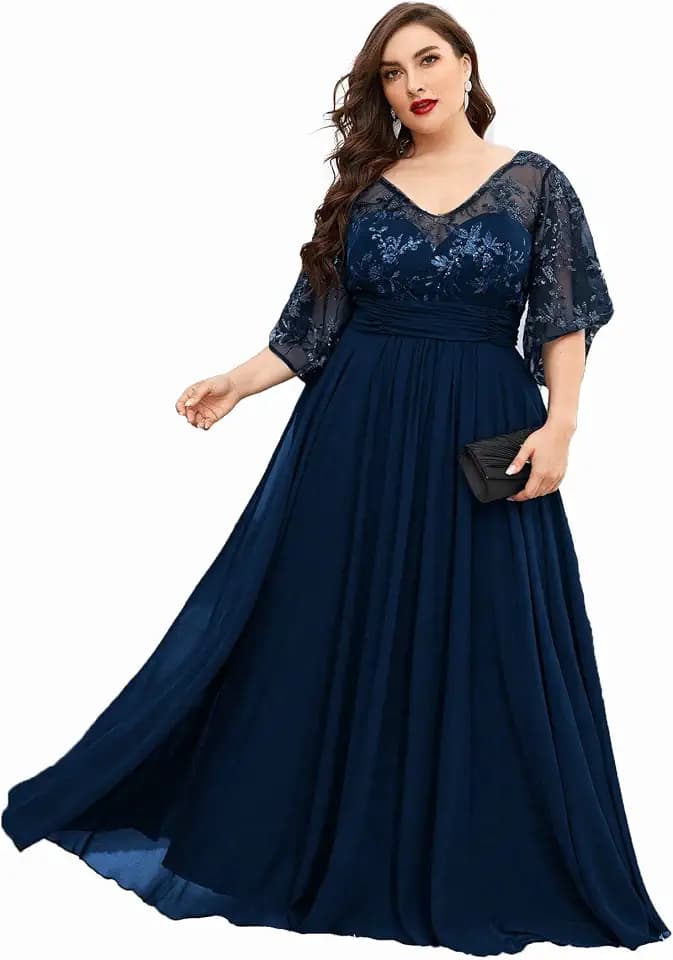 Women's Plus Size V Neck Lace Sequin Embellished with Pleat Waist Contrast Chiffon Long Formal Evening Party Dress