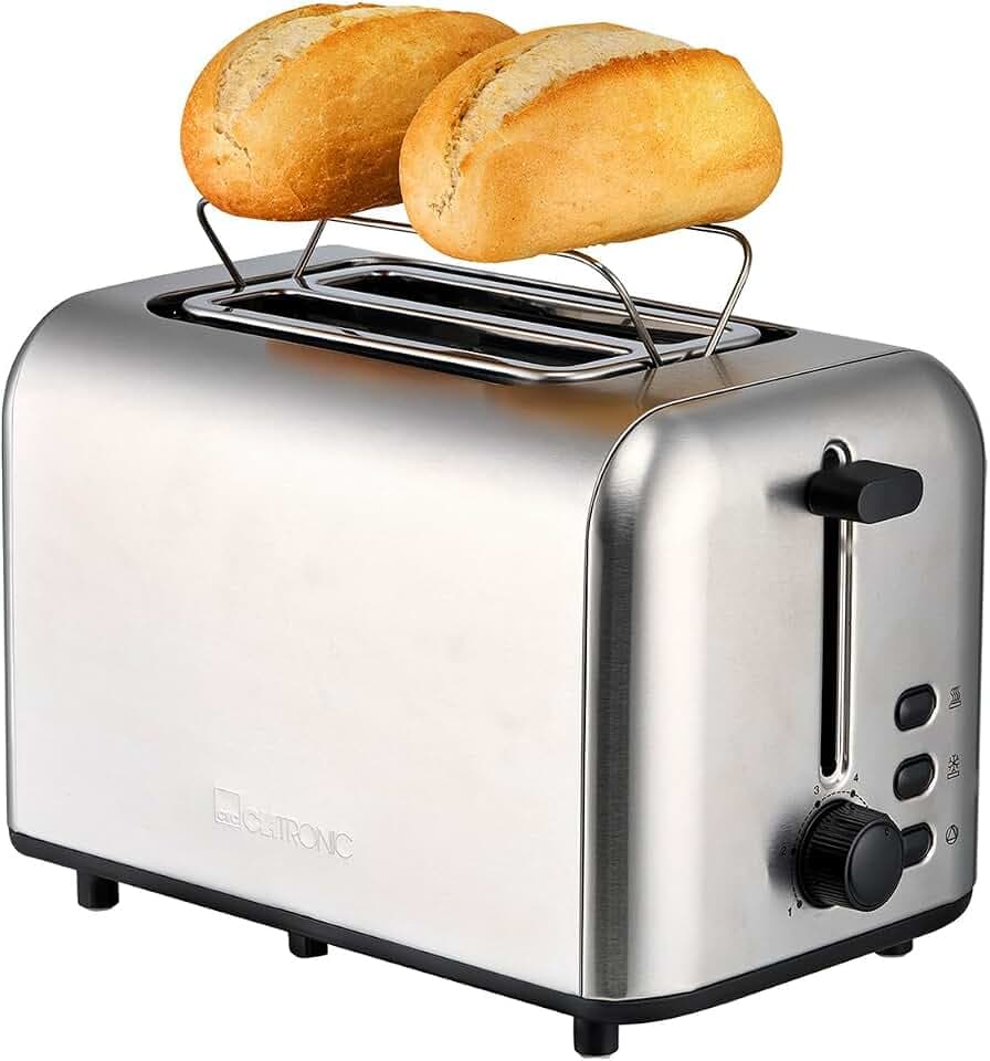 Clatronic® Toaster 2 Scheiben | integrierter Brötchenaufsatz | extra breite Toastschlitze | Auftau-/Aufwärm-Funktion | Edelstahl | TA 3822