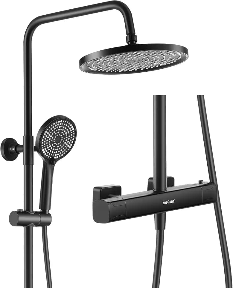 Duschsystem mit Thermostat Edelstahl Regendusche 25cm Handbrause 3 Strahlarten Duscharmatur Komplettset Höhenverstellbar mit Anti-Verbrühungsschutz Wassersparend Einfach Installieren