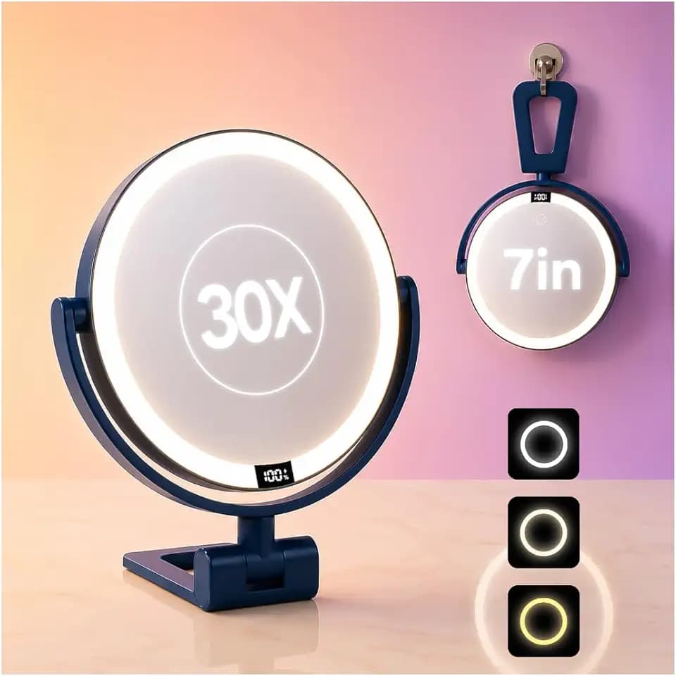 1X/30X Makeup Mirror with Lights, Magnifying Mirror (Blue)