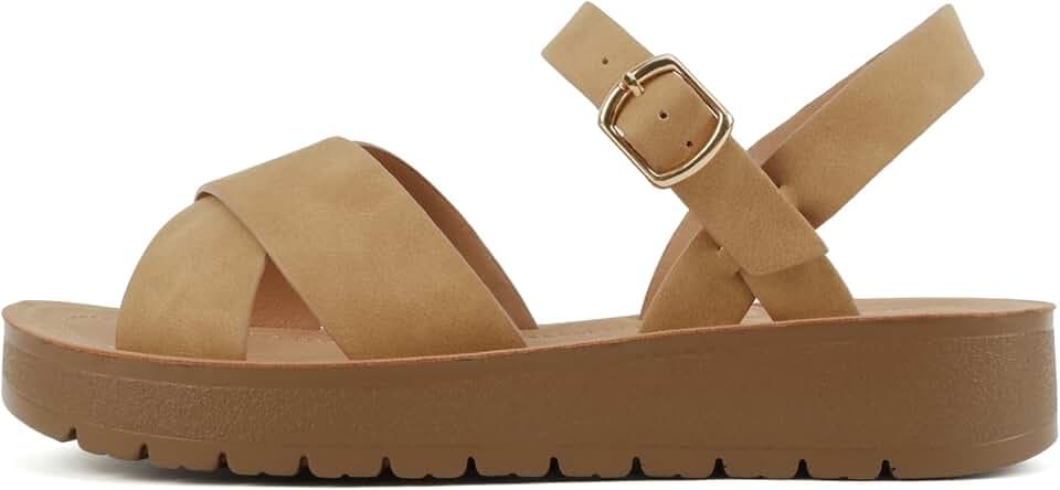 Soda CHESTER ~ Women Flat Sandals Flatform Ankle Buckle Criss Cross Band Straps Sandals Shoes (Gold Raffia, 5.5)
