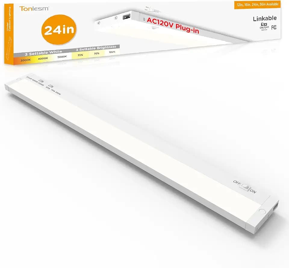 Under Cabinet Lighting Plug in,14W 120V 3 Color 3000K/4000K/5000K,3 Brightness,Super Bright,Ultra Thin Under Counter Lights for Kitchen,Linkable LED Cabinet Light(24inch,White,1Pack)