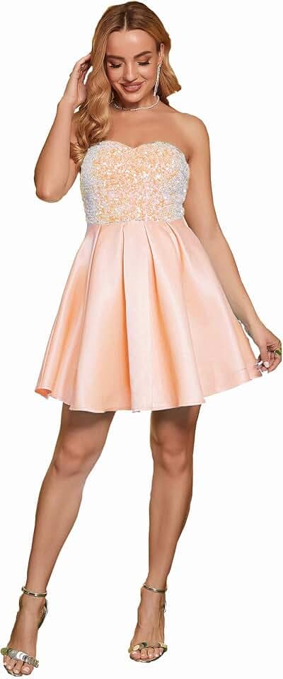 Angel-fashions Damen Schulterfreies Pailletten-A-Linienkleid Elegantes kurzes Ballkleid Cocktailkleid