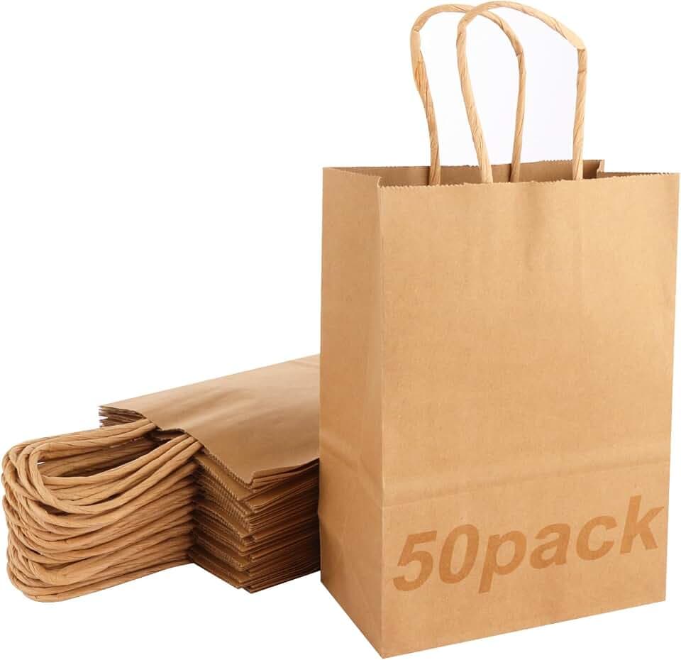 ASelected 50 Stück Geschenktüten Geschenktüte Braun 21 x 15 x 8 cm Papiertüten Kraftpapiertüten mit Henkel für Geburtstag Partys Hochzeit