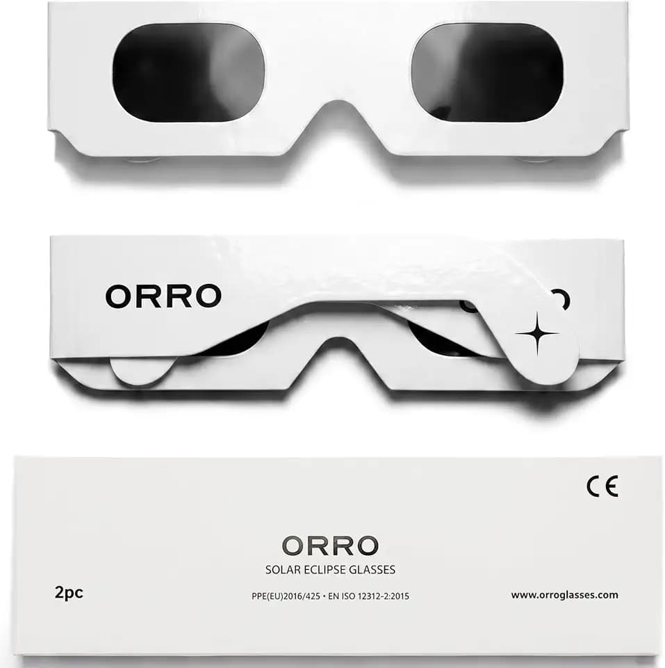 ORRO Sonnenfinsternis-Brillen 40 mm, 2er-/6er-/12er-Pack, Schwarz, Zertifizierter Augenschutz, EN ISO 12312-2:2015 geprüft, CE-gekennzeichnet für direkte Sonnenbeobachtung – Moderne Passform