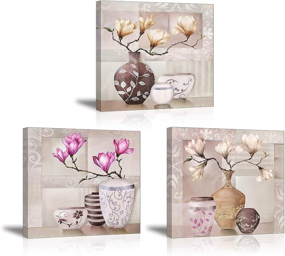 Piy Painting Kunstdruck auf Leinwand - Leinwanddrucke Bunte Magnolie Blume - Deko Bilder auf Leinwand, Wandkunst für Zuhause Büro Studierzimmer zu Geburtstag Geschenk 30x30cm 3Set