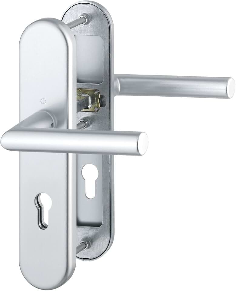 HOPPE 3901955 Haustür Eingangstür Drückergarnitur AMSTERDAM - DIN-Norm Entfernung 92mm, silber eloxiert, Langschild Profilzylinder für Türstärke 67-72mm, ohne Kernziehschutz, Prüfung: RC2 nach EN 1906, 1 Stück Sicherheitsbeschlag