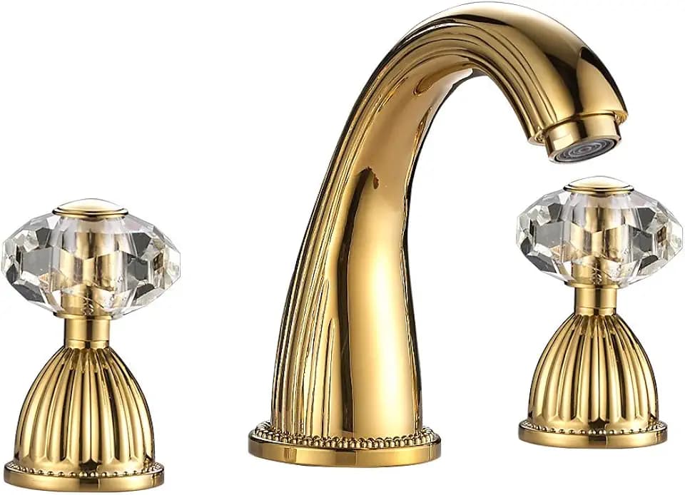 Bathroom Sink Faucet 3 Hole Deck Mounted Widespread Brass Bathroom Faucet Crystal Handle Mixer Tap,Gold(Ti-PVD)