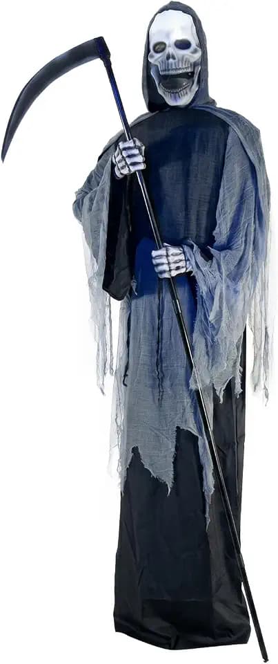 9FT Animated Grim Reaper Halloween Decoration - Sound Activated Halloween Animatronic Outdoor with Movement, Creepy Sounds and Light-Up Head, Giant Scary Reaper Prop, for Yard Porch Haunted House