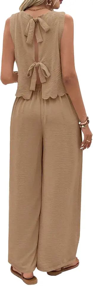 Nimsruc Women's Summer Two Piece Sets With Back Tie Bow Top And Wide Leg Pants For Vacation Travel Lounge Outfits