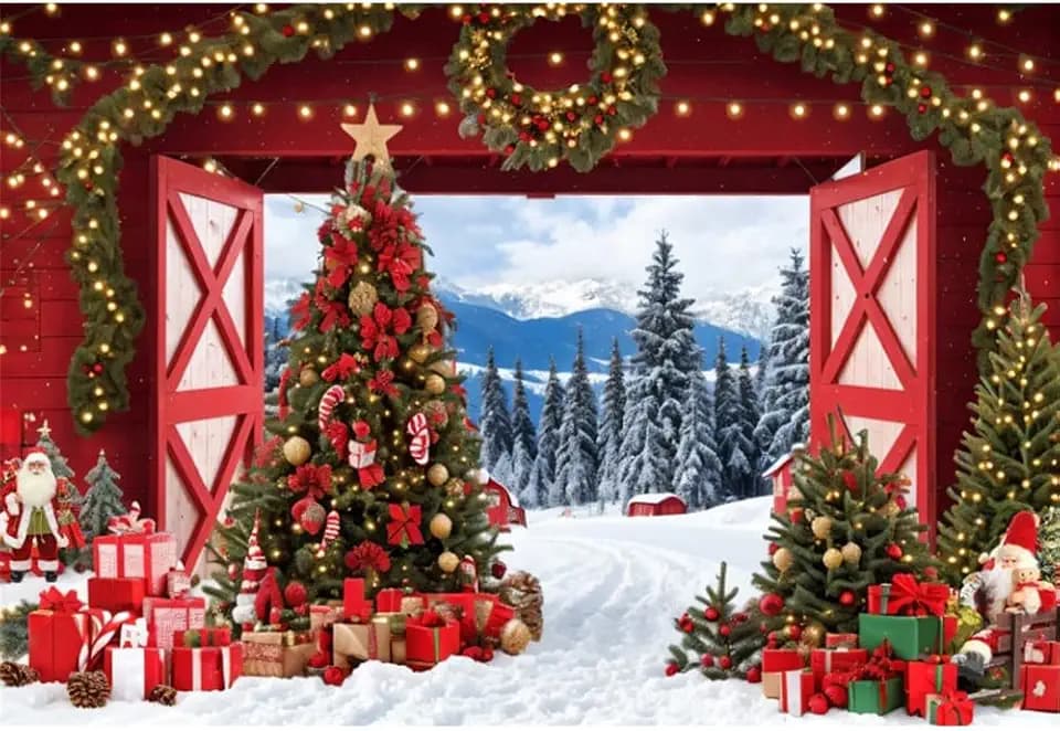 Christmas Barn Backdrop 12x8ft Fabric Winter Christmas Party Background Family Christmas Pictures Backdrop Christmas Party Decoration Merry Christmas Photography Backdrop