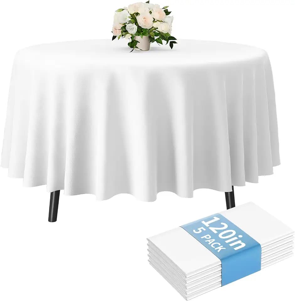 Fixwal 5 Pcs White Round Plastic Table Cloth Disposable, 120 Inch