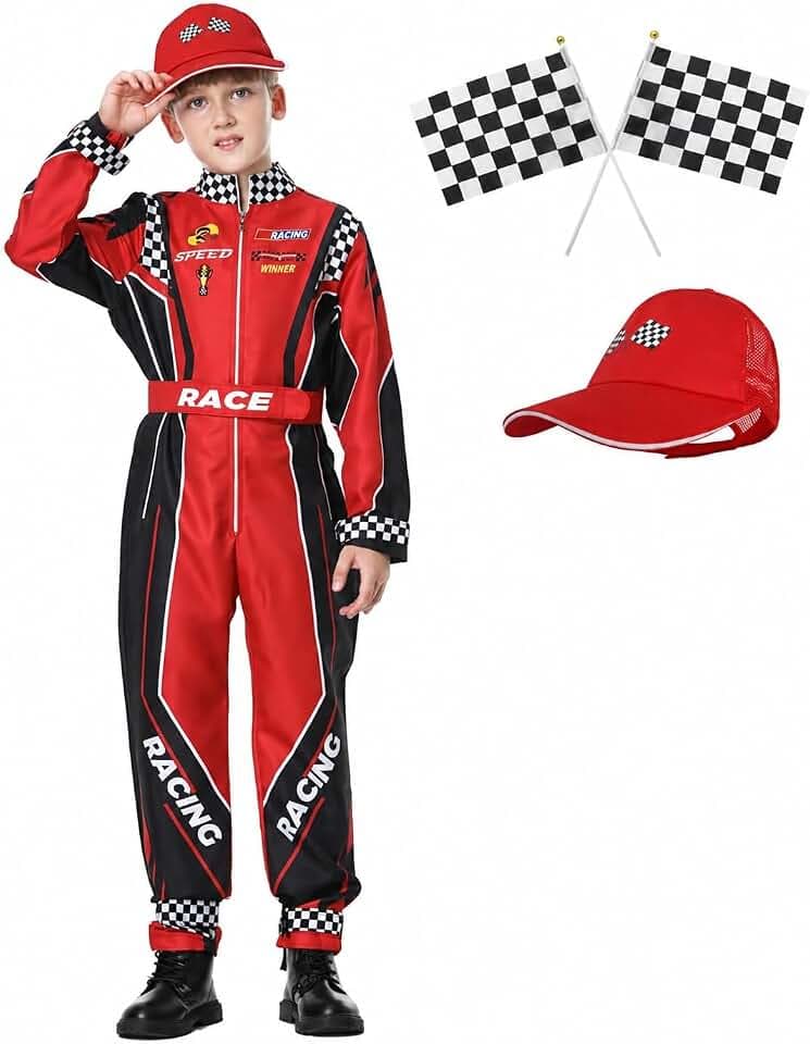 Race Car Driver Costume Boys Racer Jumpsuit With Car Cap Kids Dress Up for Halloween