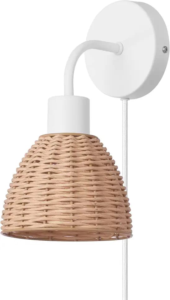Globe Electric 65928 Briar 1-Light Plug-in or Hardwire Wall Sconce, Matte White, Rattan Shade, 6ft White Braided Fabric Designer Cord, in-Line On/Off Rocker Switch