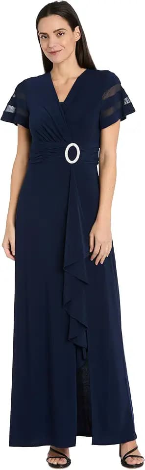 R&M Richards Long Cascade Wrap Dress W/Sheer Inset, Rhinestone Buckle & Side Ruffle