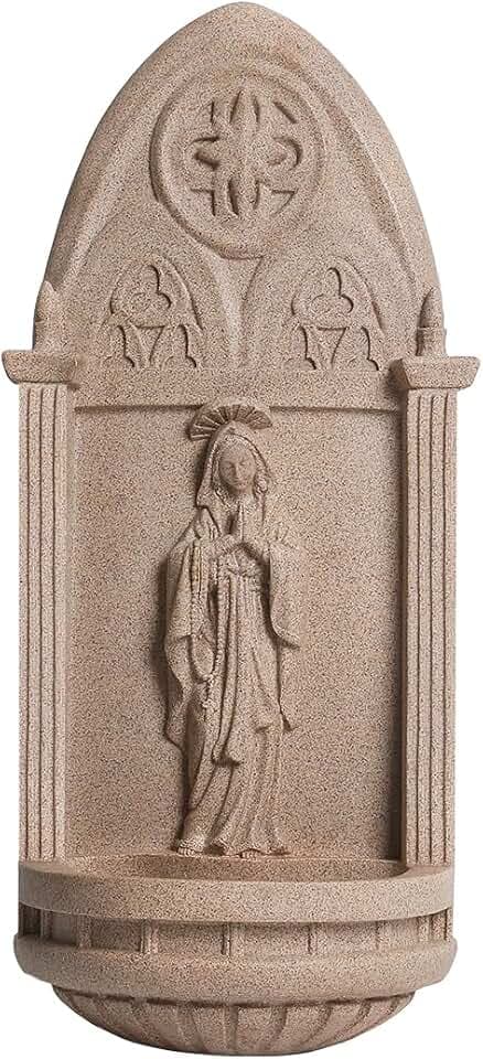 20" Gothic Virgin Mary Wall Holy Water Niche,Vintage Cathedral Prayer Decor,Catholic Blessed Home Wall Ornament,Rosary Storage Faith Gift (Sandstone)