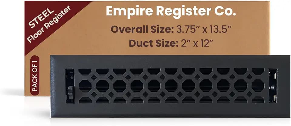 Empire Register Co, Steel Floor Register - 2x12 inch, Honeycomb Design, Textured Black Finish, Heavy Duty Walkable Steel Floor Vents, Metal Damper Attached Air Vents for Home Floor only