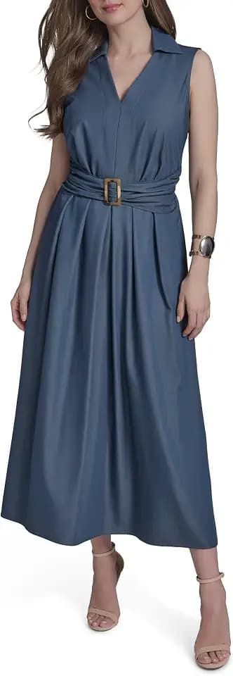 Halston Women's Sleeveless Collared V-Neck Faux Denim Dress