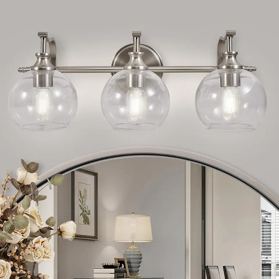 ANDY STAR 3 Light Bathroom Vanity Light, Brushed Nickel Bathroom Light Fixture, Modern Wall Sconces with Globe Clear Glass Shade, Wall Mounted Bathroom Light Over Mirror for Living Room, Foyer