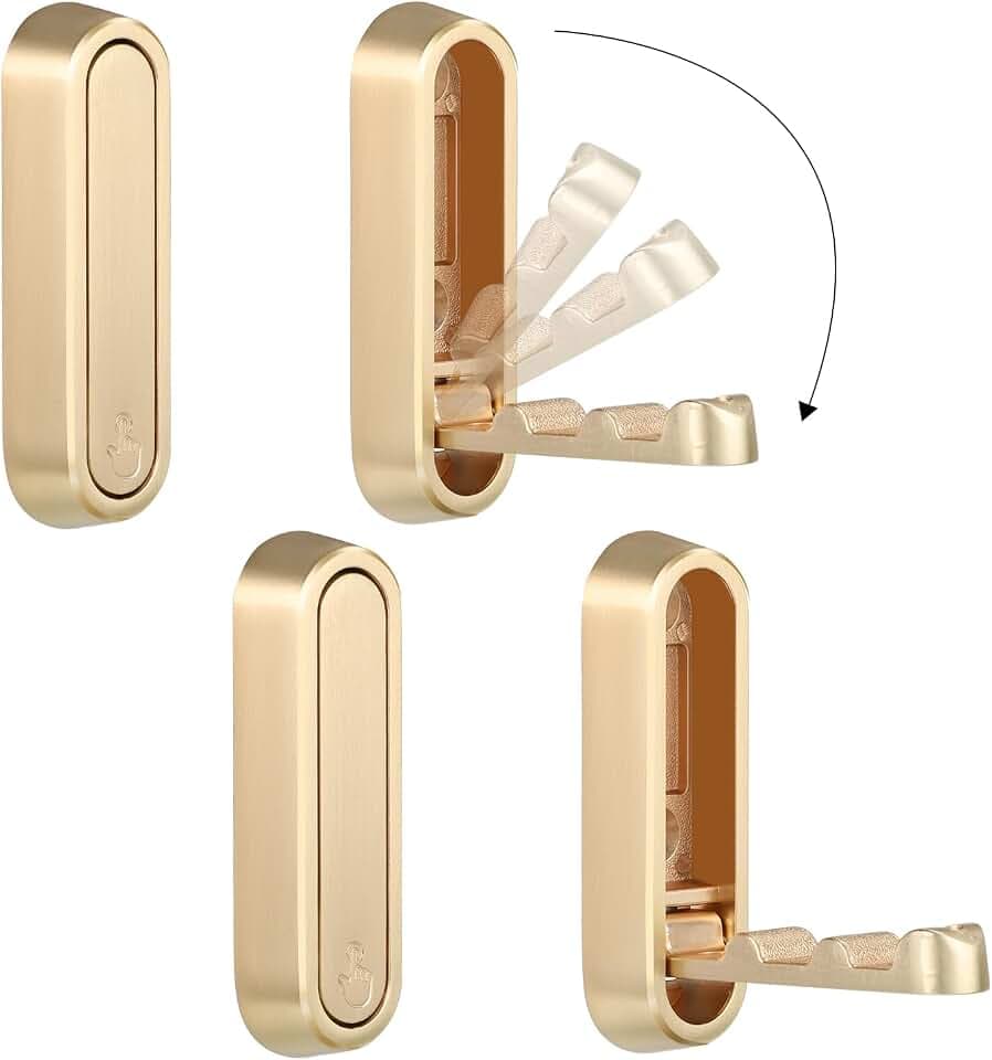 Foldable Wall Hook, Gold, 4 Pack, Screw Mounted, Heavy Duty Coat Hooks