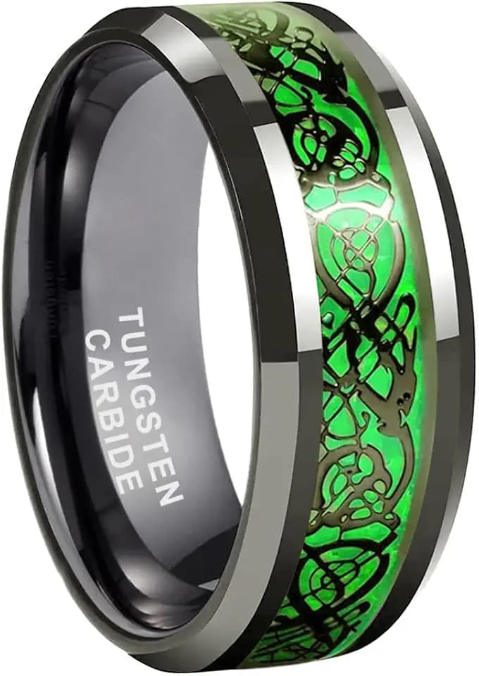 TUTISS 6mm 8mm Gunmetal Tungsten Rings for Men Women Wedding Bands Red Greeb Carbon Fiber Celtic Dragon Inlay Beveled Edges Polished Comfort Fit