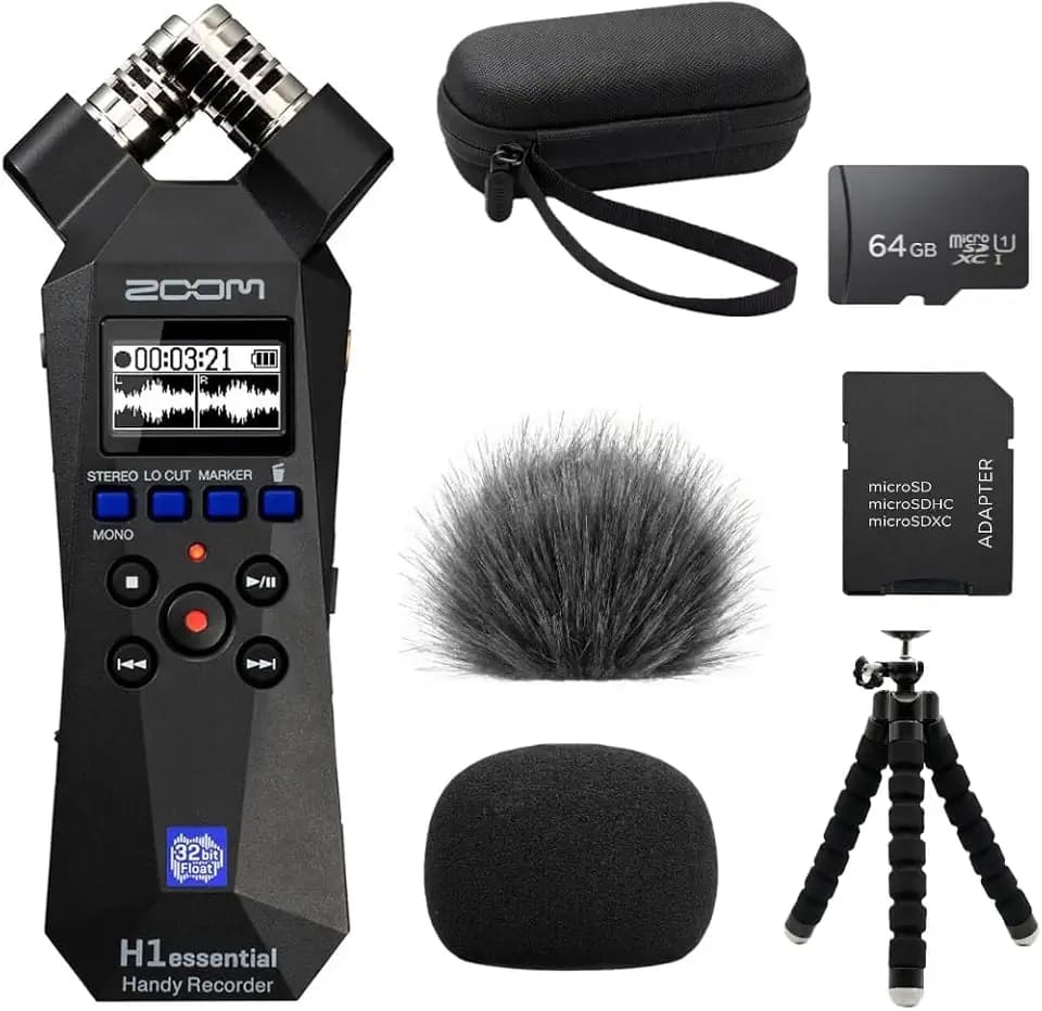 Zoom H1essential Recorder Bundle with 64GB Card, Case, Windscreens & Tripod
