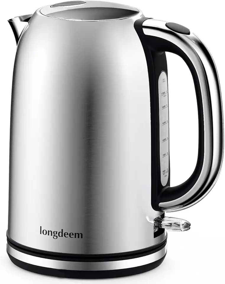 LONGDEEM Modern Collection Metall-Wasserkocher-Feder-Deckel, Leuchtanzeige, Fassungsvermögen mit Kontrollanzeige, Edelstahl, Pirouettenbasis, 2200 Watt