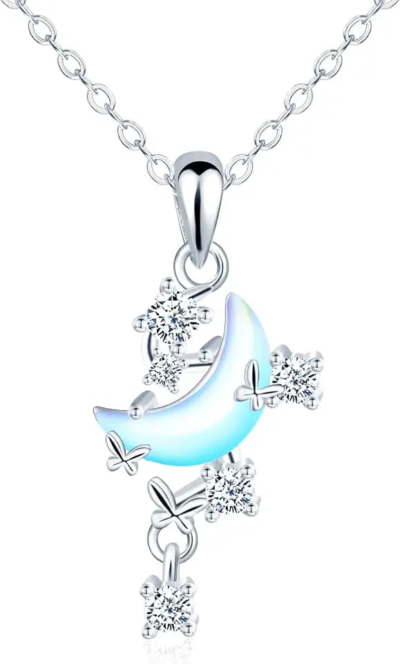 Halskette Mondstein Mond Klein Schmetterling Zirkon Damen Kette 925 Sterling Silber Anhänger Halsketten für Mama Freundin Mädchen Schwester Frau Modeschmuck Frauen Geschenk Geburtstagsgeschenk