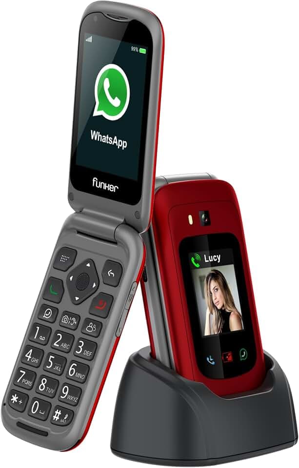 Funker E480 4G-Handy für Senioren mit Whatsapp, große Tasten, SOS-Taste und GPS, Videoanrufe, 7,1 cm (2,8 Zoll) Display, Ladestation, Fotokontakte, hohe Lautstärke – einfach zu bedienen, Rot
