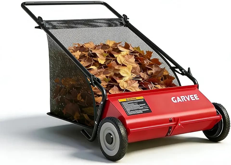 Garvee Push Lawn Sweeper,26-Inch Width Enhanced 4-Brush System with Large 7 cu. ft. Hopper Bag, Ideal for Yard and Garden Cleanup, Red