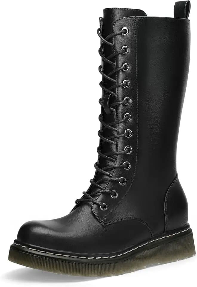 Athlefit Women's Combat Boots Lace Up Chunky Mid Calf Boots with Side Zip