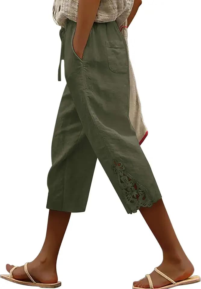 ONLYSHE Womens Capri Pants Casual Cotton Linen Trousers Lightweight Drawstring Elastic Waist Pants with Pockets,XS-3XL