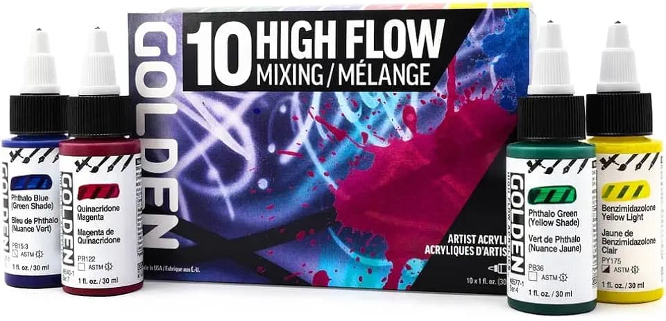 High Flow Acrylics by GOLDEN, High Flow Mixing Set, 10 Colors, Professional Acrylic Paint