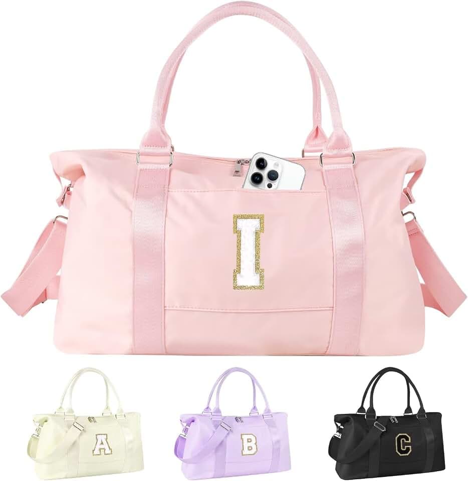Dance Gym Duffel Bag for Teen Girls,Personalized Initial Travel Weekender Bag,Overnight Carry On Duffle for Women,Sports Travel Cheer Bag,Monogram Graduation Birthday Gifts for Tween Preppy(pink-I)