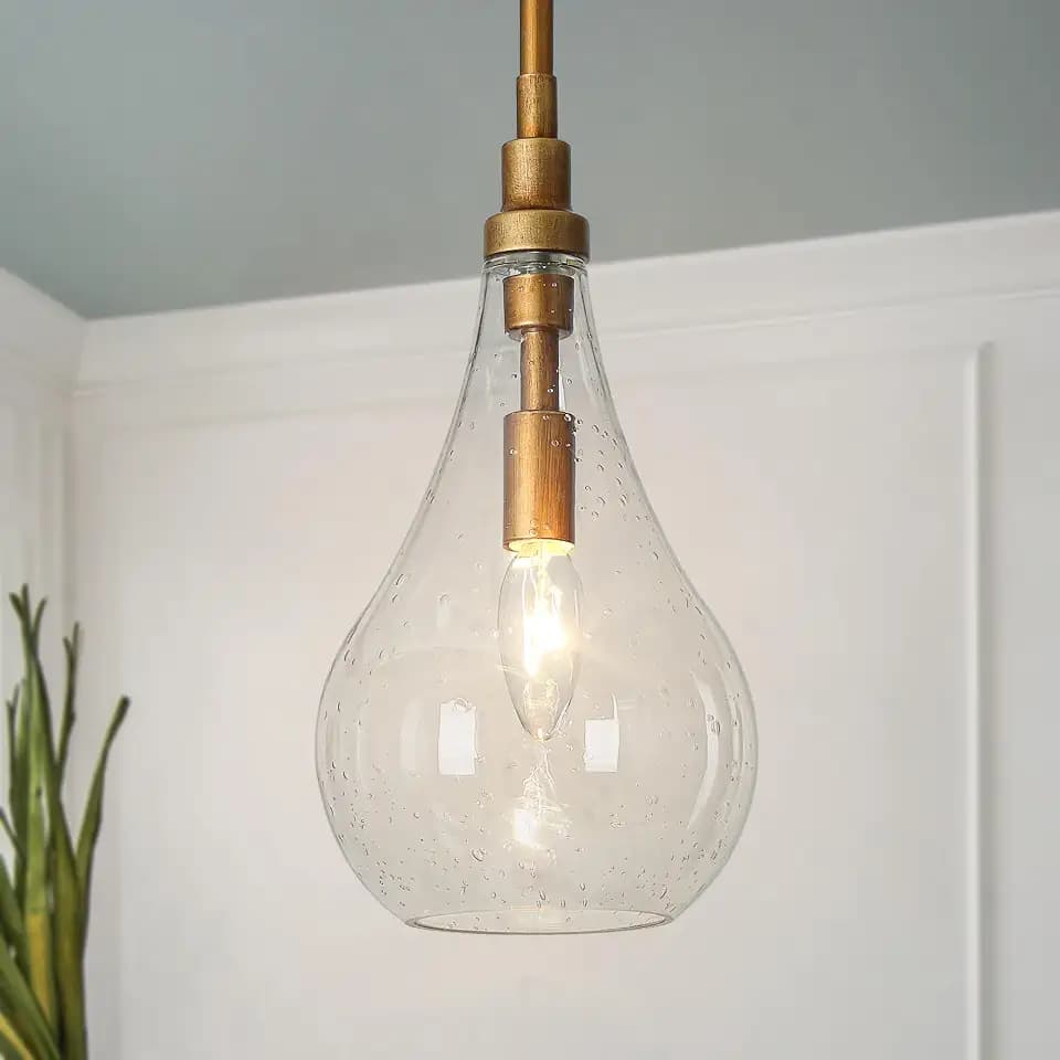 LALUZ Gold Pendant Light Kitchen Island Modern 1-Light Pendant Light Fixtures Adjustable Hanging Pendant Lighting with Teardrop Seeded Glass Shade
