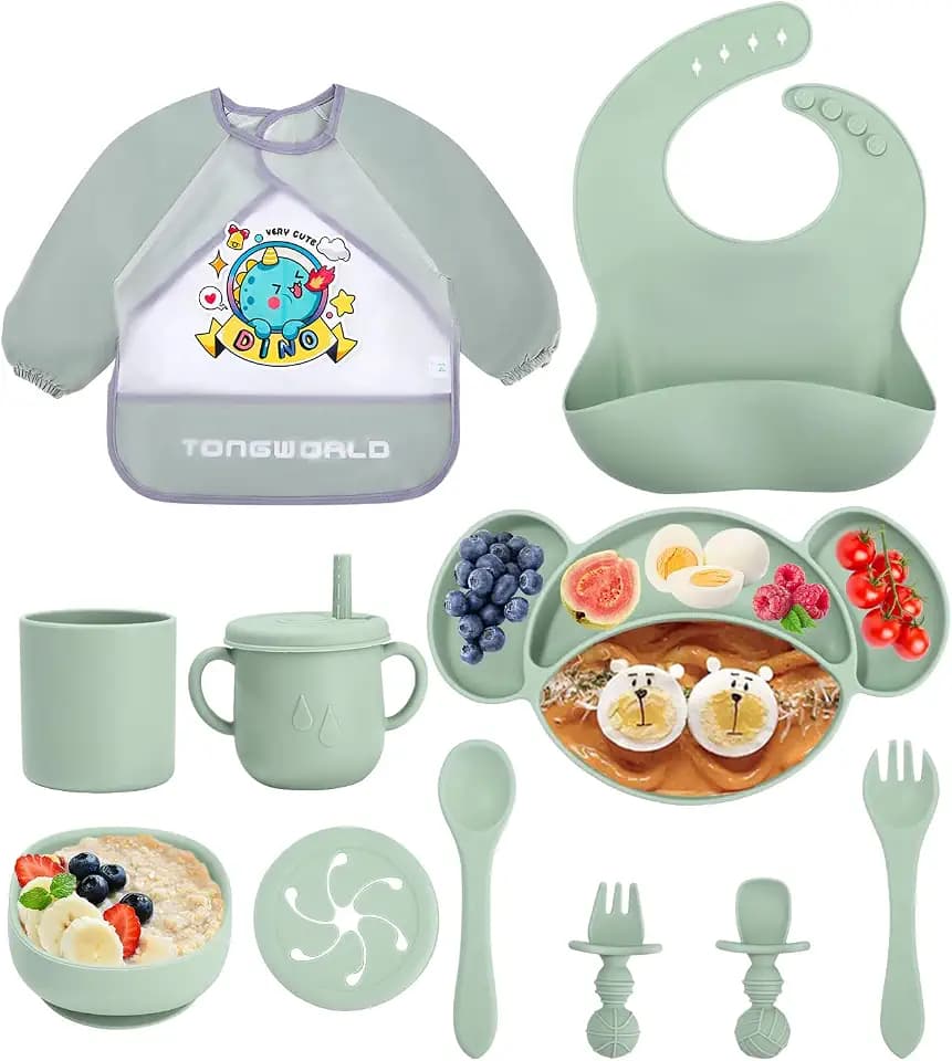 Jissta Silikon Baby Geschirrset,Baby-Teller,11-teiliges Set Kinderteller mit Saugnapf,Wasserdicht Babylätzchen,Silikonteller rutschfest BPA frei (Grün)
