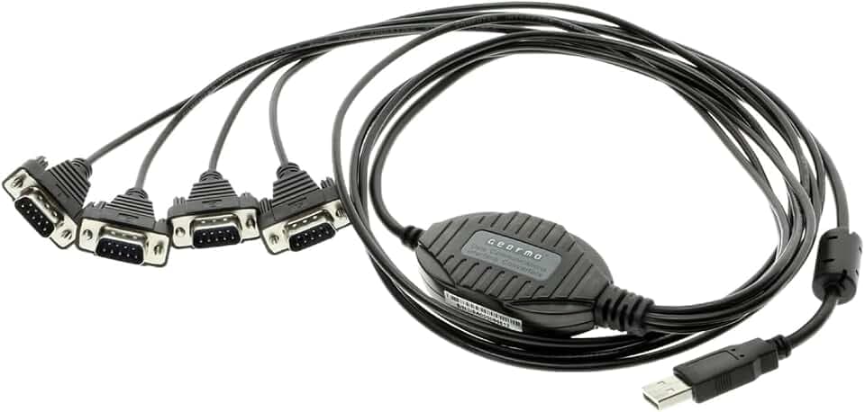 Gearmo 4 Port USB to RS232 Serial Adapter with FTDI Chipset – Supports Windows 11, 10, 8, 7, Linux & Mac, Features Plug-and-Play Without Configuration, ESD & Surge Protection (5ft Length)