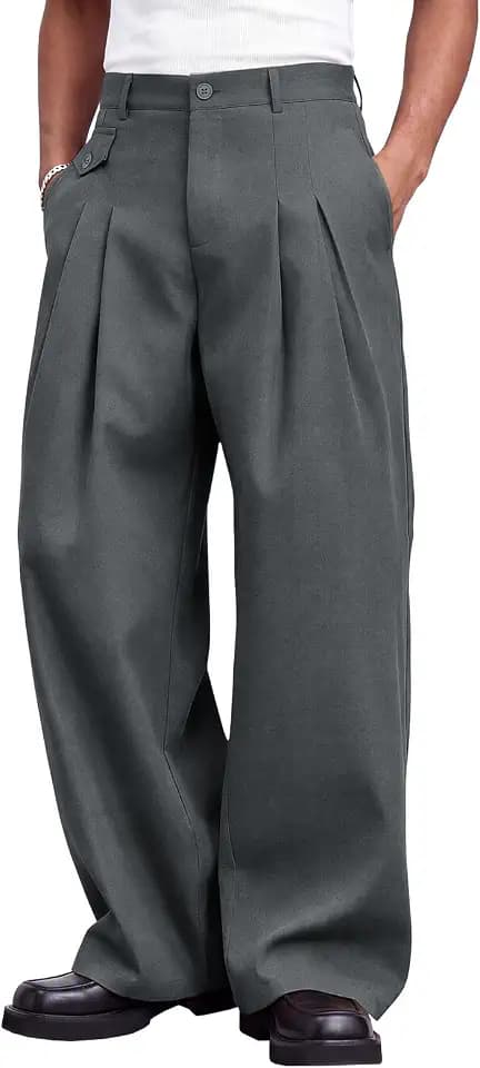 Runcati Mens Baggy Dress Pants Pleated Wide Leg Casual Elastic Waist Slacks