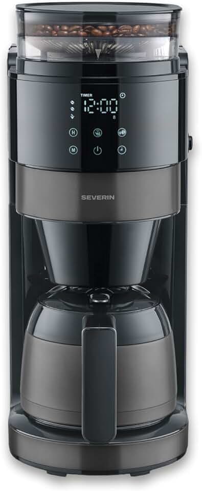Severin Filter-Kaffeemaschine mit Thermokanne und Mahlwerk, 1L Füllmenge, bis zu 8 Tassen, Tropf-Stopp, intensives Aroma, automatische Abschaltung, LED-Display, 900W, dark inox, schwarz, KA 4831