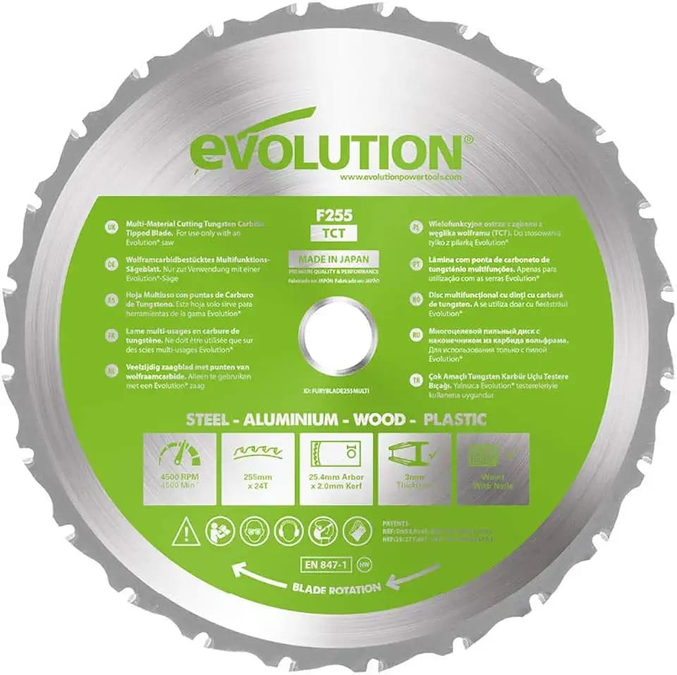Evolution Power Tools F255TCT-24T (Fury) Multi-Material Blade For Mitre Saws and Table Saws, Cuts Metal, Plastics, Laminates, Wood (Even with Embedded Nails), Carbide Tipped TCT, 255 mm