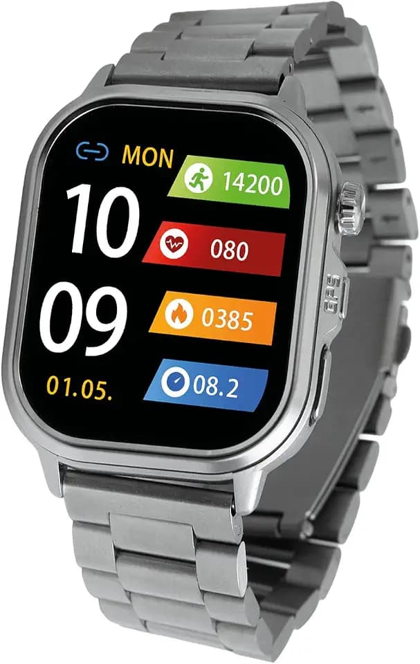 Knauermann - PRO 4 Ultra - Silber, eckig, Titanarmband Silber mit Anruf & SOS Funktion - Telefonfunktion, Puls, Blutdruck, HRV, Schlafanalyse – Für Damen und Herren