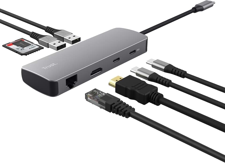 Trust Vylor 8-in-1 Kompakt USB C Hub Multiport Adapter mit HDMI 4k60Hz | Gigabit Ethernet, MicroSD/SD Kartenleser, USB-C USB-A, Ladeanschluss 100W, Docking Station PC Laptop Dell HP Asus MacBook
